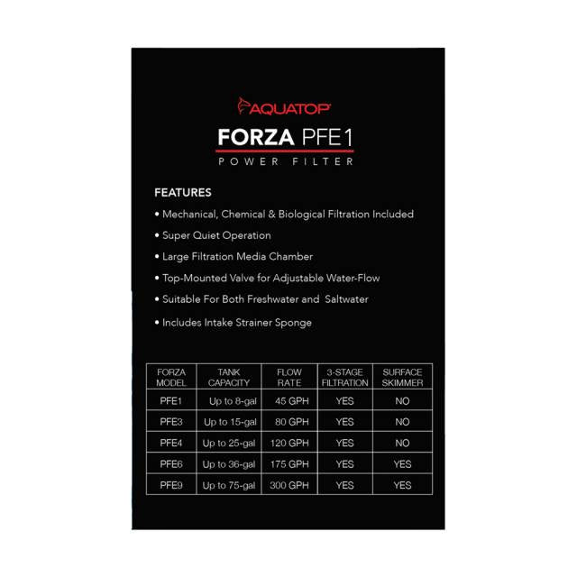 AQUATOP Forza 45 GPH Power Filter for up to 8 Gallon Aquariums, Advanced Filtration Design, PFE-1